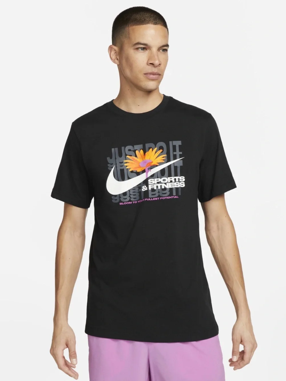 NIKE Mens Sports & Fitness Flower Design Black T Shirt FV8149-010